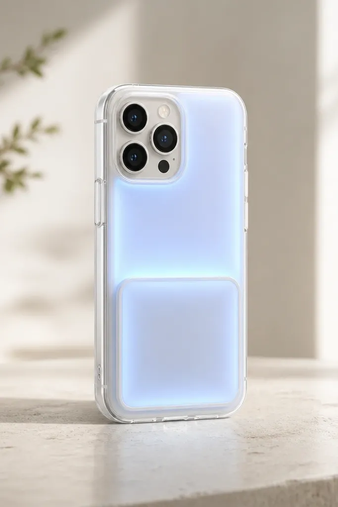 A clear-and-white phone case with an ice blue glow coming from a back panel. On the lower half is a small magnetic flap that closes over a storage pocket. The flap sits flush with the case and the blue light glows evenly beneath a frosted window.