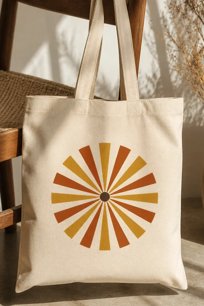 A cream tote bag with a centered sunburst made of thick, evenly spaced rays in mustard yellow and terracotta, each ray has sharp tape-clean edges and a small dark brown dot at the center.