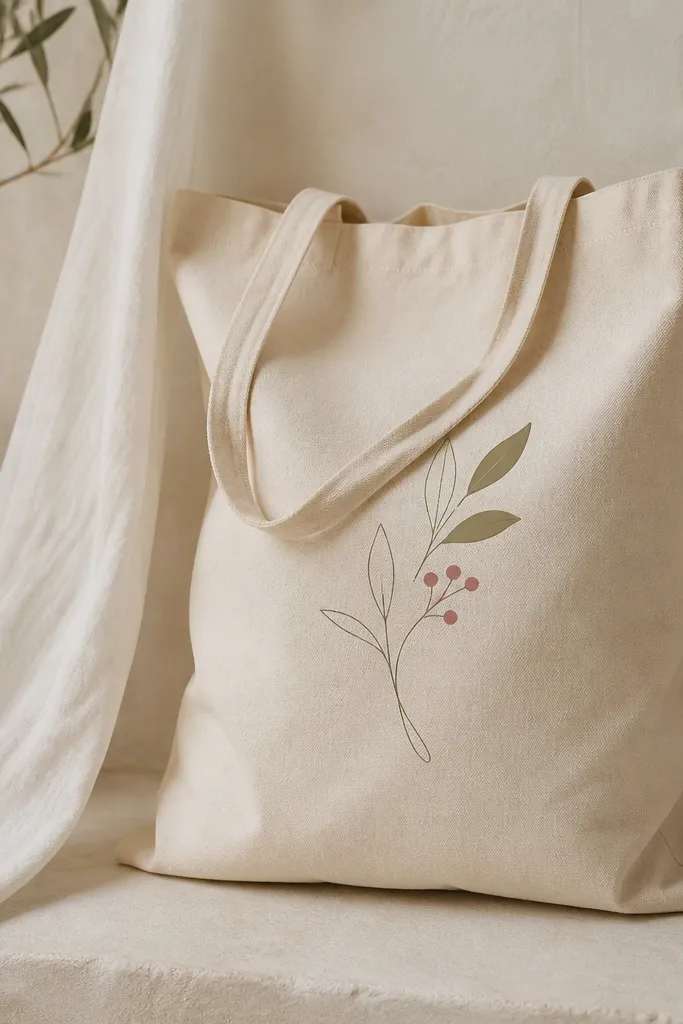 A light beige tote with a single continuous-line sprig drawn in thin sage green and olive leaves, with a tiny curved stem and small berries in muted clay pink.
