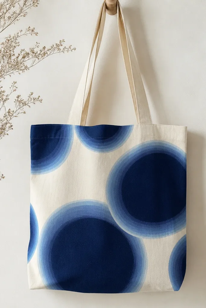 A natural canvas tote with large overlapping polka dots: navy, then indigo, then a faded baby-blue edge effect around each dot, giving a soft gradient halo.