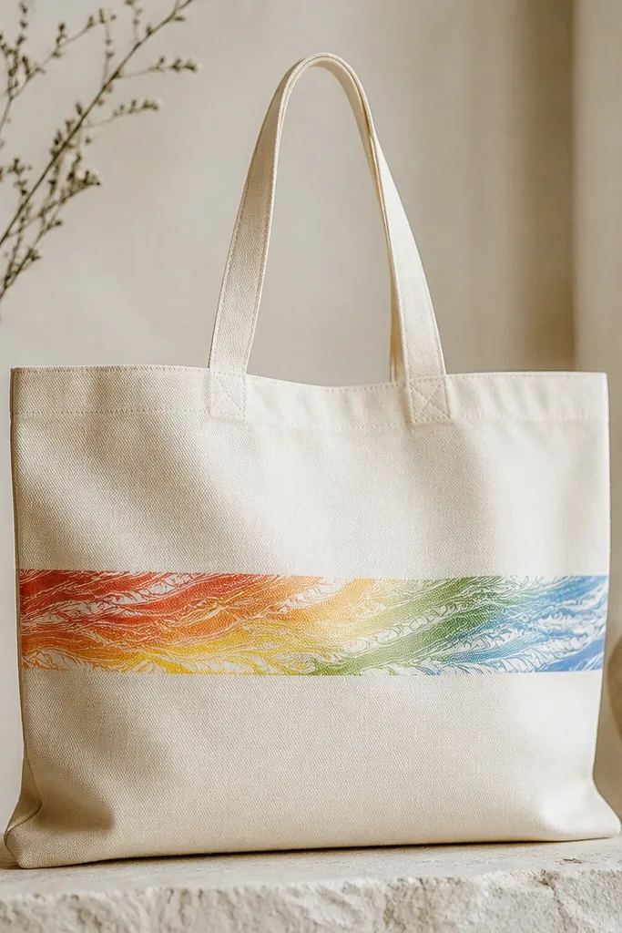 A cream tote with a single horizontal rainbow stripe that looks marbled: red, orange, yellow, green, and blue blended with thin white comb lines like waves.