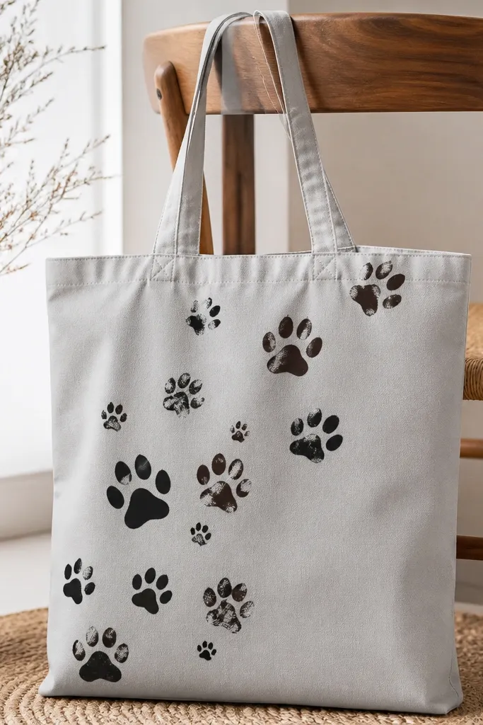 A light gray tote with small, medium, and large cat paw prints scattered diagonally in black and dark brown, with crisp toe beans and a few paw smudges for dimension.