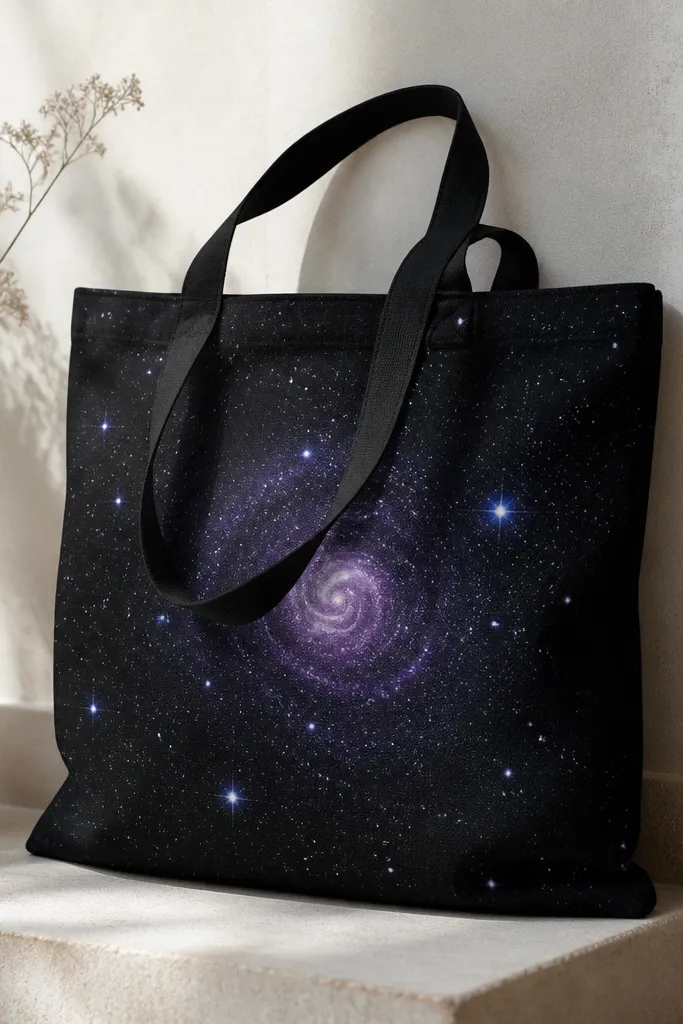 A black tote covered in scattered star-like white and light blue speckles, with a faint purple swirl in the center and a couple larger star dots.