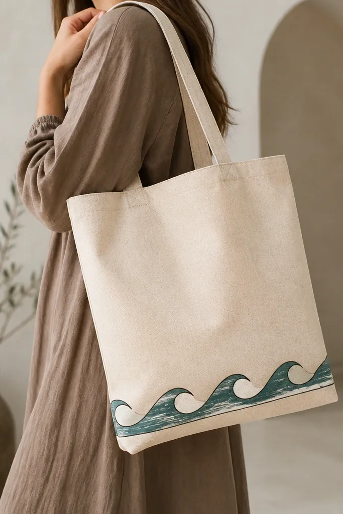 A natural tote with a narrow wavy border near the bottom: alternating teal and off-white waves with visible dry-brush texture, plus a thin black outline line.