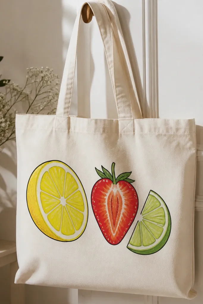 An off-white tote with three fruit slice paintings: a lemon half in bright yellow, a strawberry half in red with tiny seed dots, and a lime quarter in green, each with clean dark outlines.