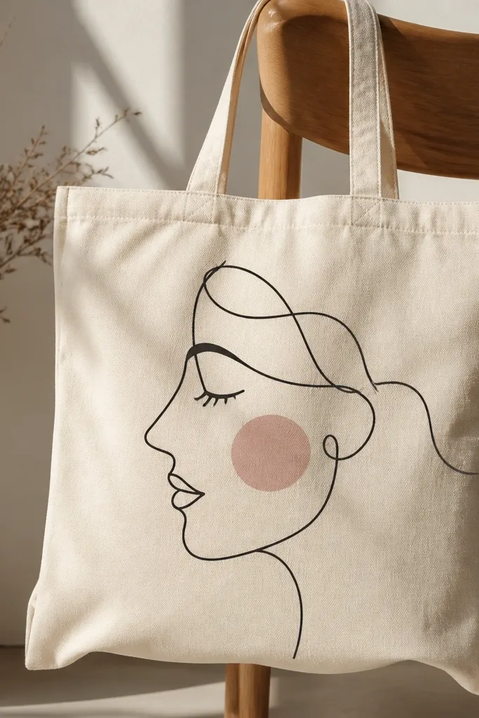 A cream tote with a single black continuous-line face (one side profile) drawn large across the center, with a few wispy hair strokes and a small blush cheek spot in dusty pink.