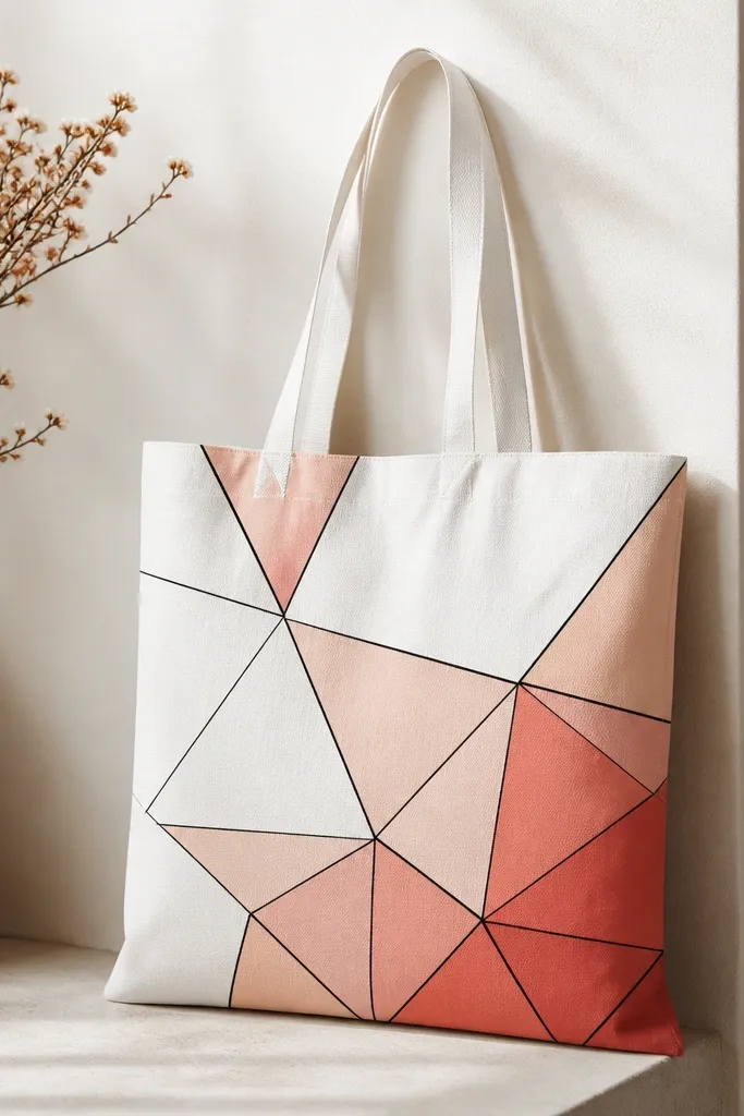 A white tote with a geometric pattern of triangles in coral, peach, and soft pink, with one corner shaded darker like an ombre gradient, and clean black lines separating shapes.