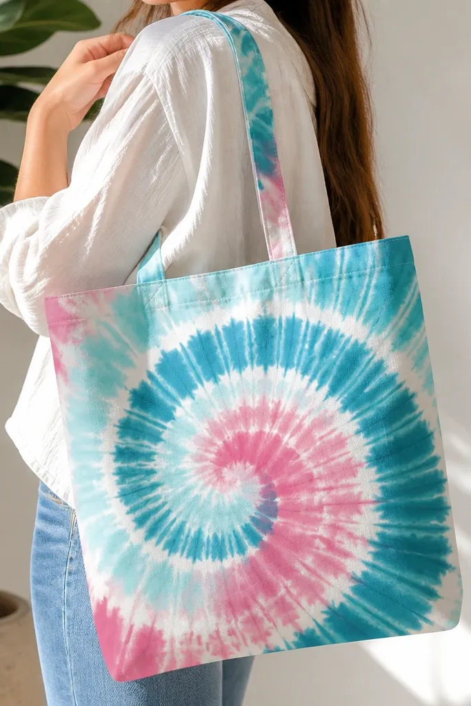 A light tote with a fake tie-dye swirl: circular swirls in teal, aqua, and pink, with crisp masked white lines between colors and a soft blended center.