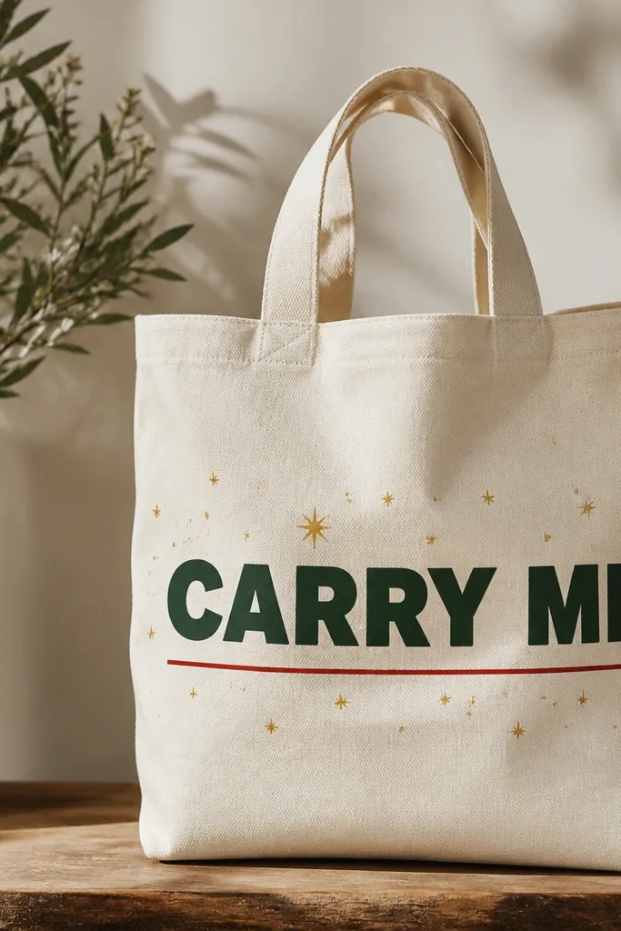 A cream tote with a horizontal banner across the center reading "CARRY ME" in thick block letters, dark green text, small gold star dots around it, and a thin red underline.