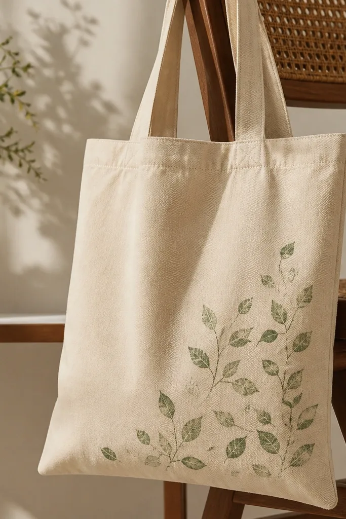A beige tote with repeating small stamped leaves and stems in muted green, with slightly uneven edges like a true stamp, arranged in a corner cluster.