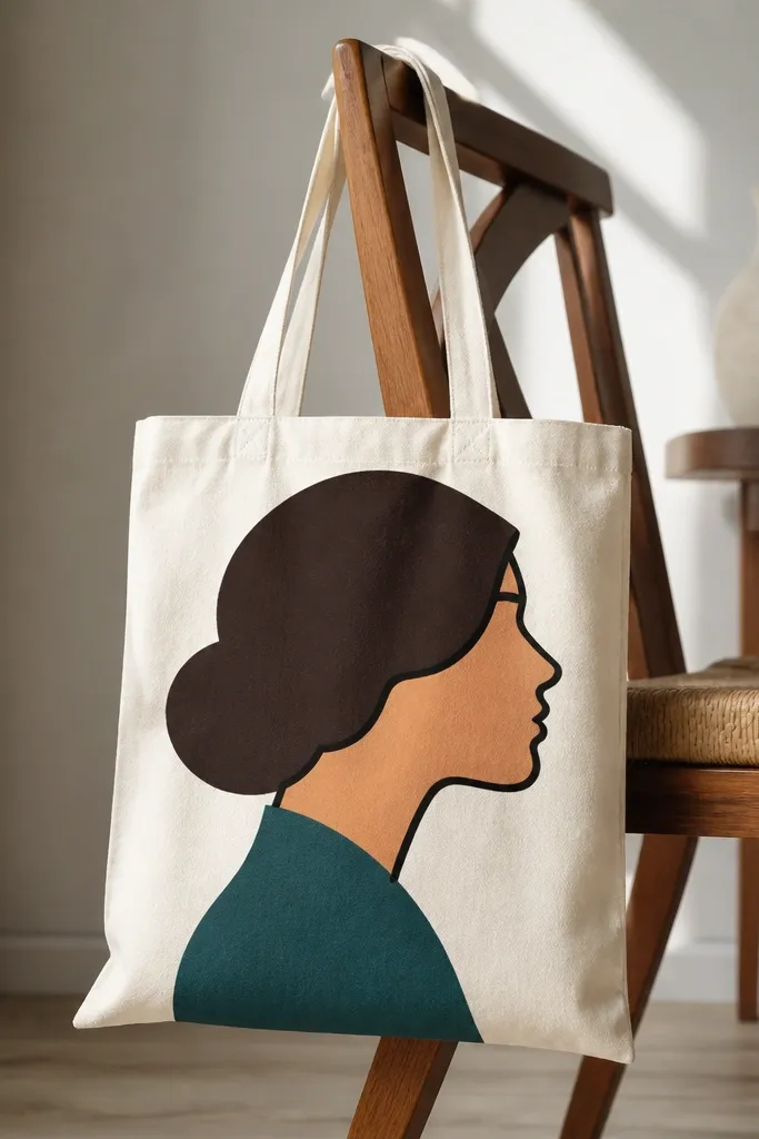 A tote with a bold silhouette of a woman profile made from solid blocks: black outline, hair in deep brown, skin in warm peach, and a teal collar shape.