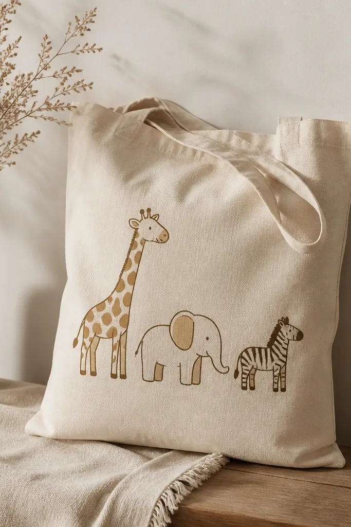 A natural tote with three outline animals drawn in dark brown ink paint: a giraffe, a small elephant, and a tiny zebra, with simple fill accents in tan and mustard.