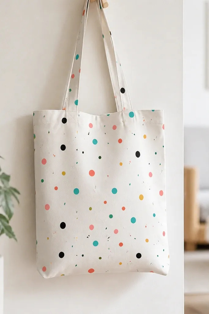 A white tote with diagonal confetti dots and tiny dashes in multiple colors: teal, coral, yellow, and black, with some dots larger and some faded edges.