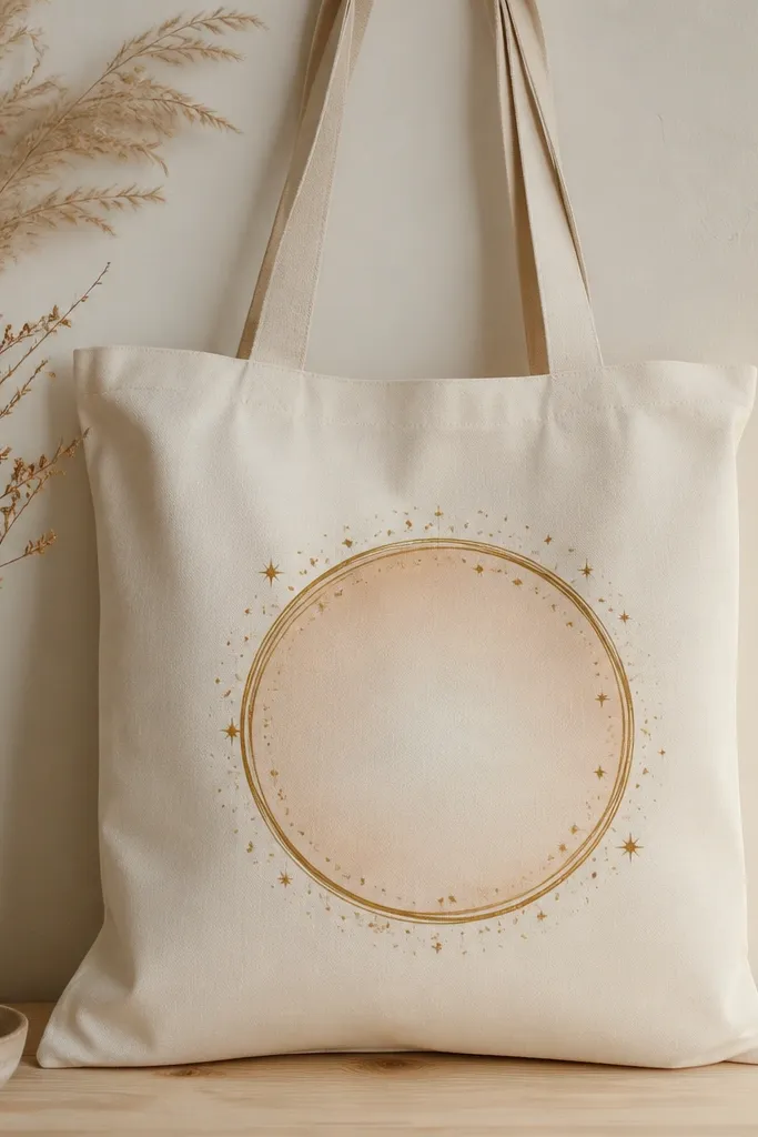 A cream tote with a centered circle made from a stencil: gold ring with a pale peach inner glow, plus tiny star dots around the ring.