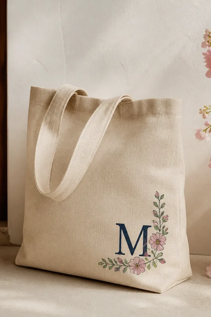 A tote with a corner monogram in dark navy letters, surrounded by small floral marks in dusty pink and sage, all with crisp tape-masked edges.