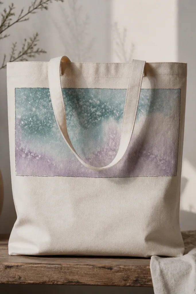 An off-white tote with a loose watercolor rectangle near the top: diluted teal and lavender wash, with salt crystals creating speckled texture, plus a thin black border line.