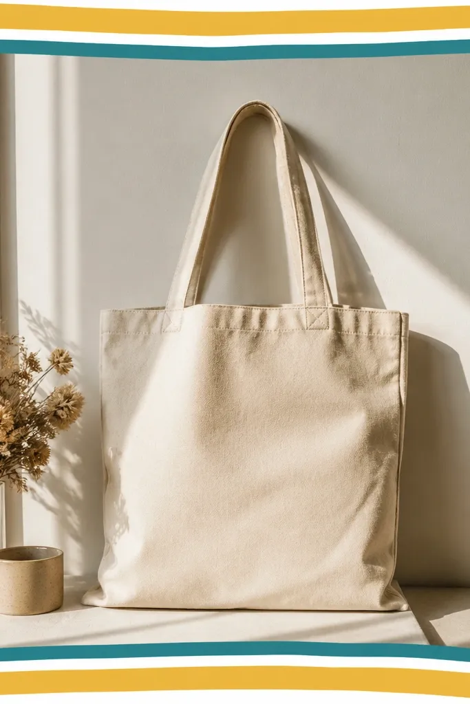 A tote with a sticker-like border frame: a thick outer border in mustard, a white inner border, and a teal inner frame, plus small doodle circles at the corners.