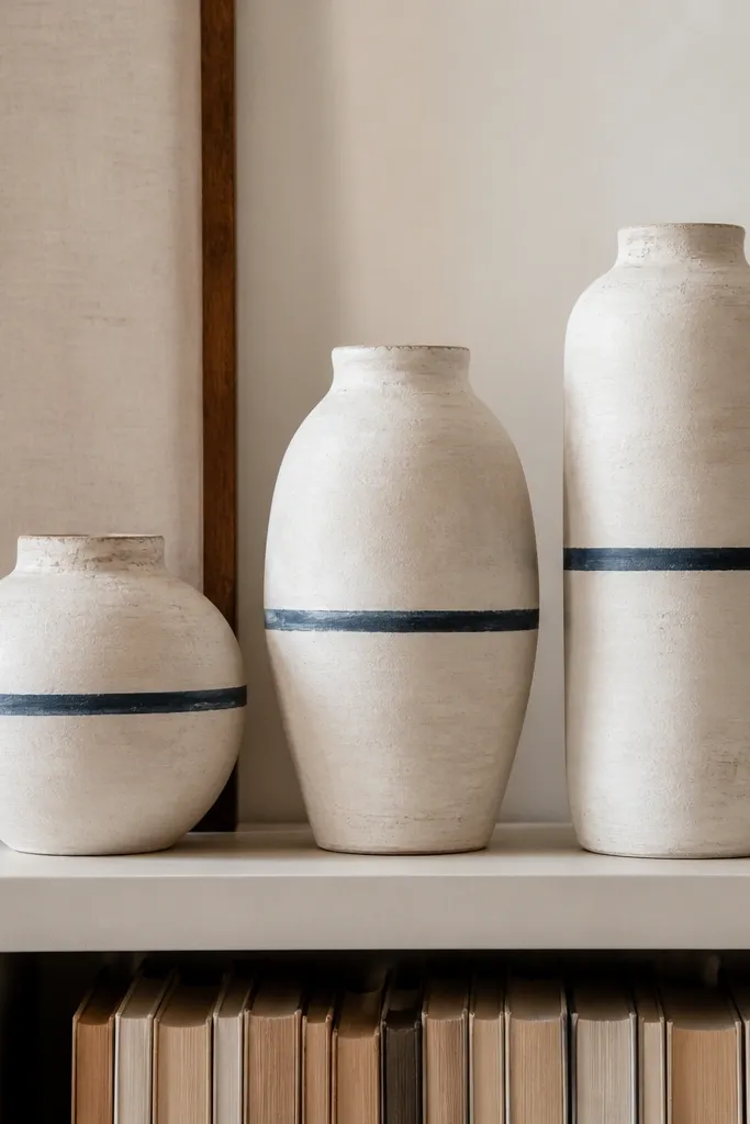 Three terracotta jars painted in creamy off-white with visible dry-brushed highlights; each jar has a different height and a thin ink-blue band near the middle, arranged on a narrow bookshelf.