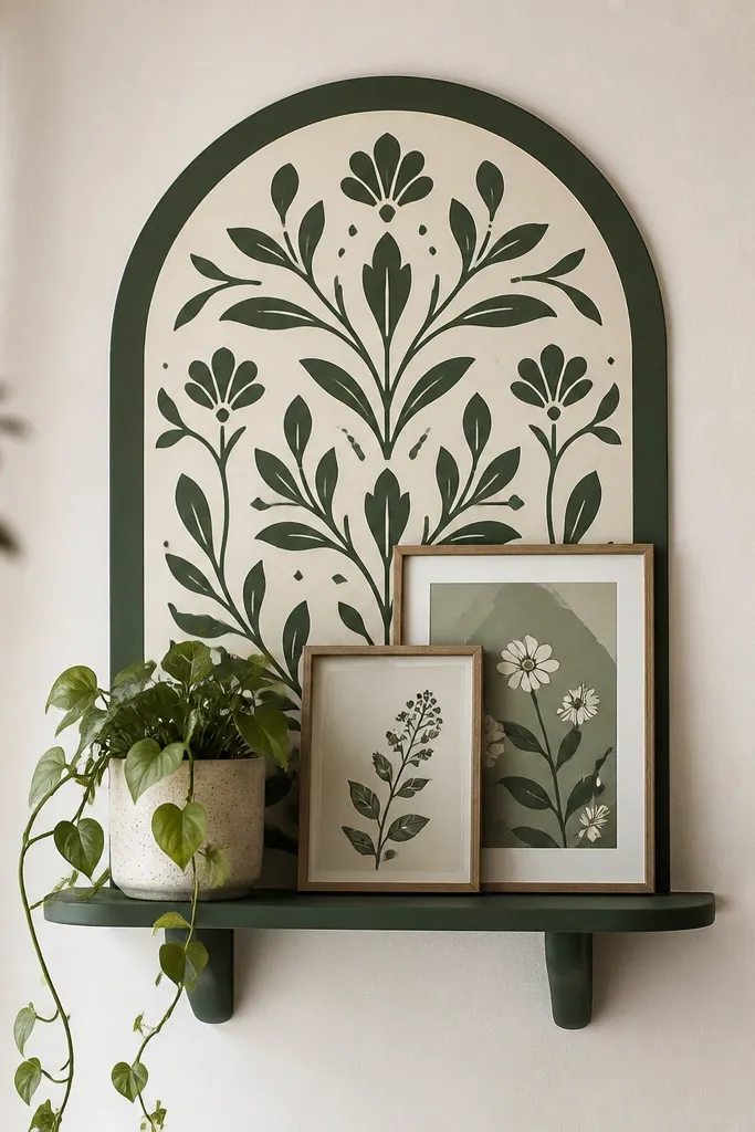 A small arched panel painted cream and deep green with a clean stencil pattern; it sits behind a mini shelf holding a plant and two framed prints.