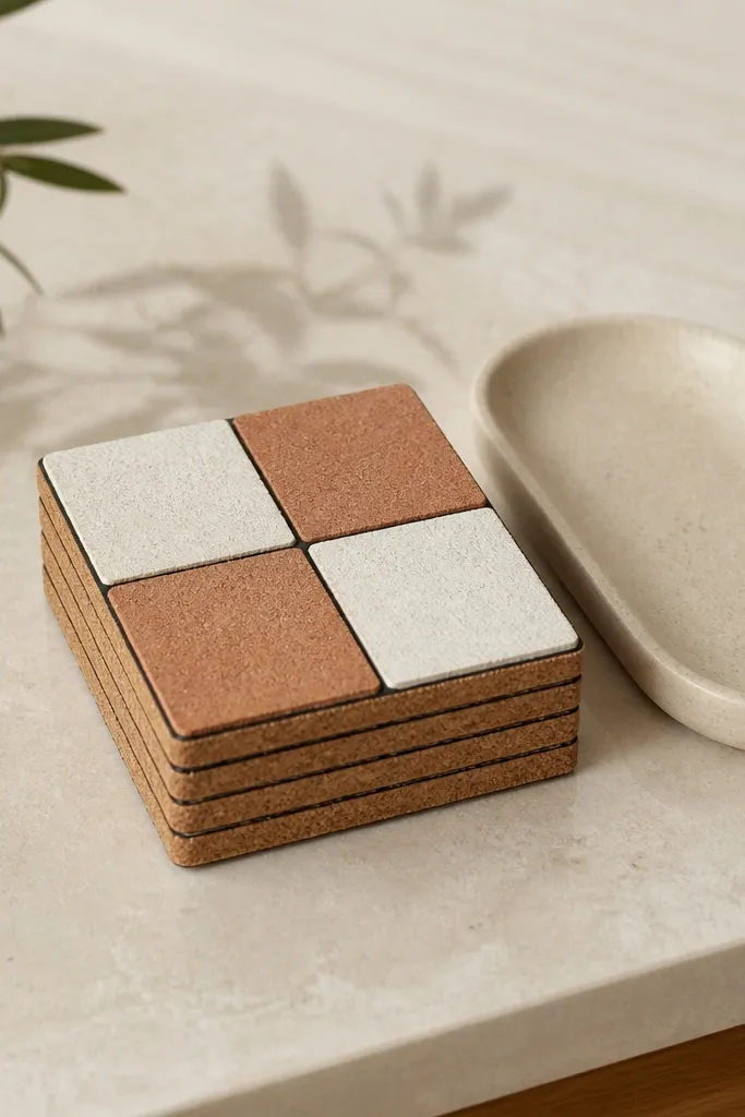 Six cork coasters painted in a grid: alternating eggshell white and muted clay, with thin black lines separating squares; they're stacked beside a small tray.