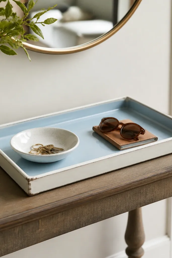 A rectangular entry tray painted pale blue with glossy white enamel-style border; the corners have tiny distressing and it sits on a console table.
