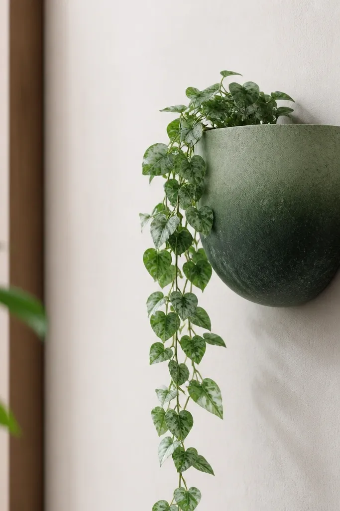 A small wall-mounted planter painted with sponge texture in two greens - sage and forest - with a soft gradient effect; a trailing plant hangs below.