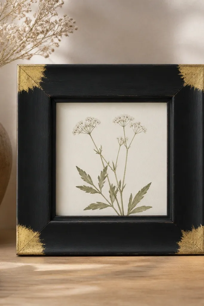 A small square picture frame painted matte black with only the outer corners painted gold leaf effect; the frame holds a simple botanical print.