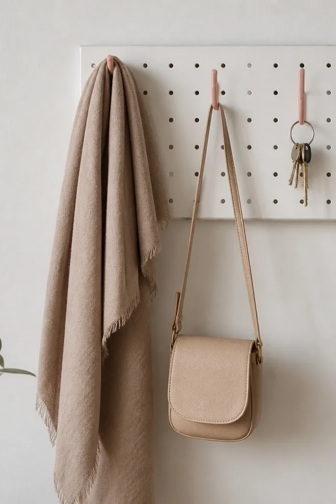 A small pegboard on a wall painted chalk white with hooks painted soft rose; three hooks hold a scarf, a small bag, and a key ring.