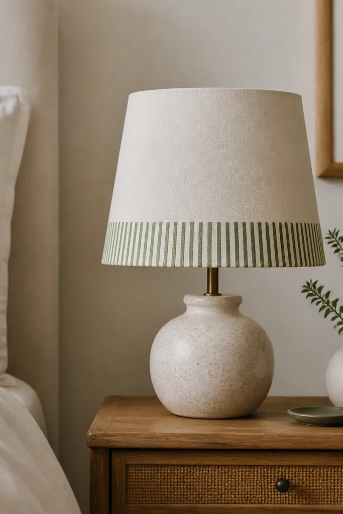 A plain fabric lamp shade with a painted bottom band made of alternating thin stripes in cream and muted olive; it sits on a small bedside table.