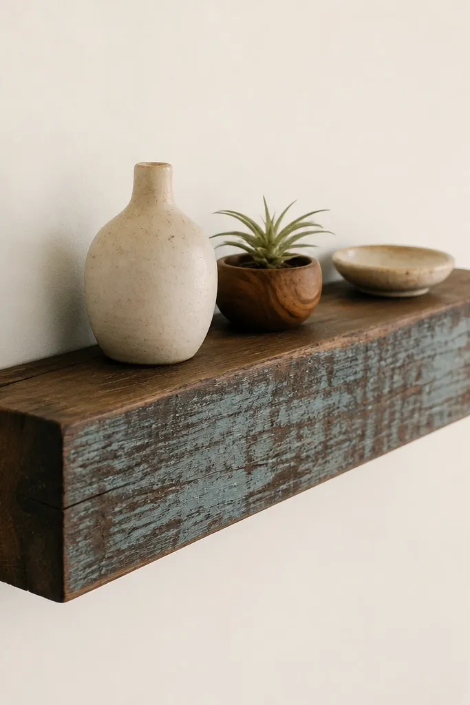 A short wall ledge made from stained scrap wood, painted with chalky blue dry-brush on the face; a few small decor items sit on top.