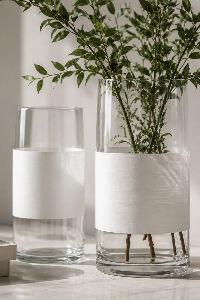 Two clear glass vases with a frosted-looking band painted across the middle in white; the rest of the vase stays transparent and light passes through.