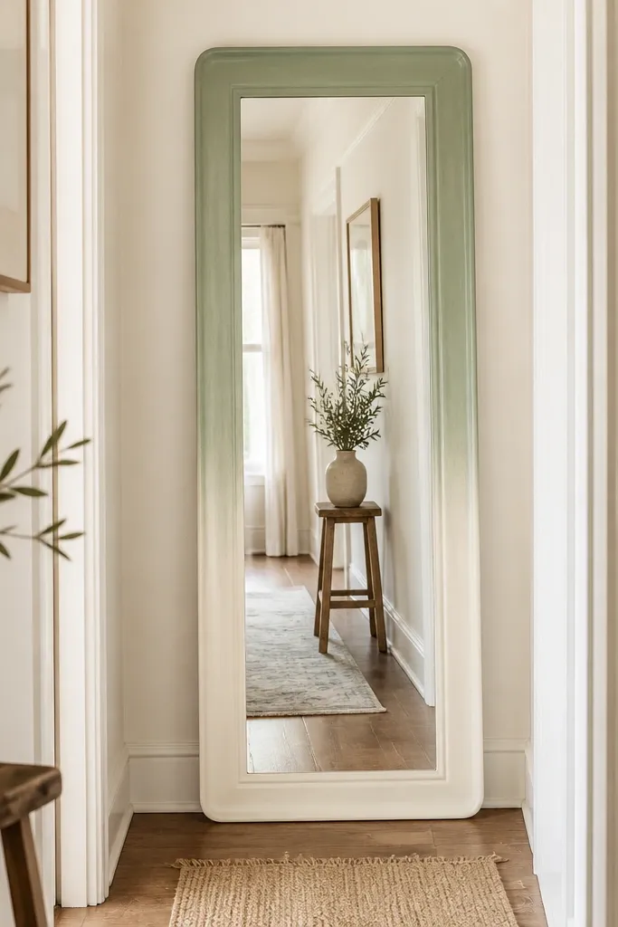 A tall mirror with a frame painted in a soft ombre from cream at the bottom to muted sage at the top; the mirror stands in a narrow hallway.