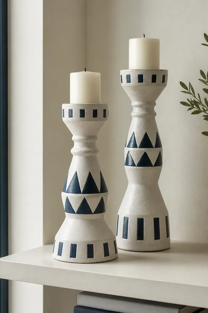Two metal candle holders painted in white with navy geometric shapes like triangles and small rectangles; they sit on a small shelf near a window.