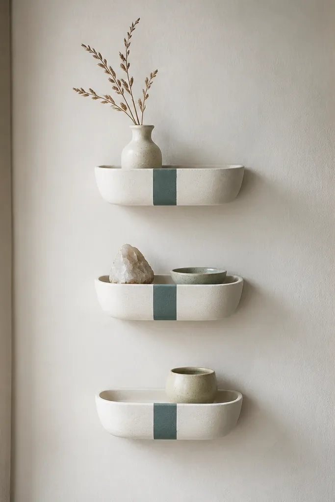 A set of three small wall-mounted trays painted chalky white with a single thick taped stripe in dusty teal; they're hung in a vertical line.