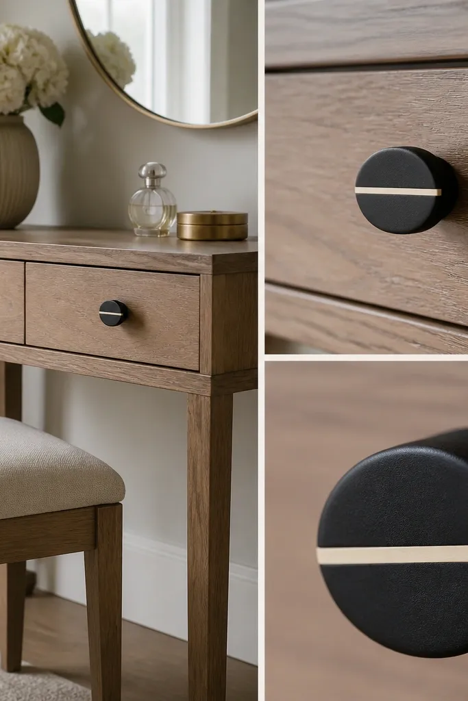 A small vanity with two drawers; the old pulls are spray-painted matte black with a thin cream line across the center; close-up shows clean edges.