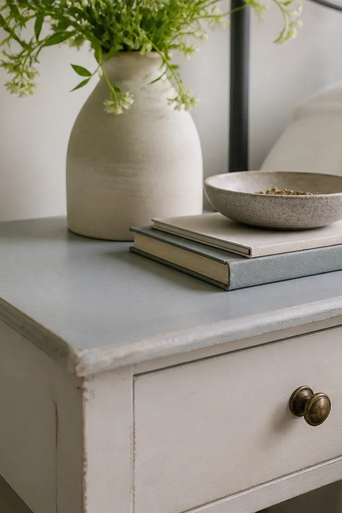 A small nightstand surface painted warm white with sponge distressing at corners; the top has a subtle darker gray-blue fade and a sealed finish.