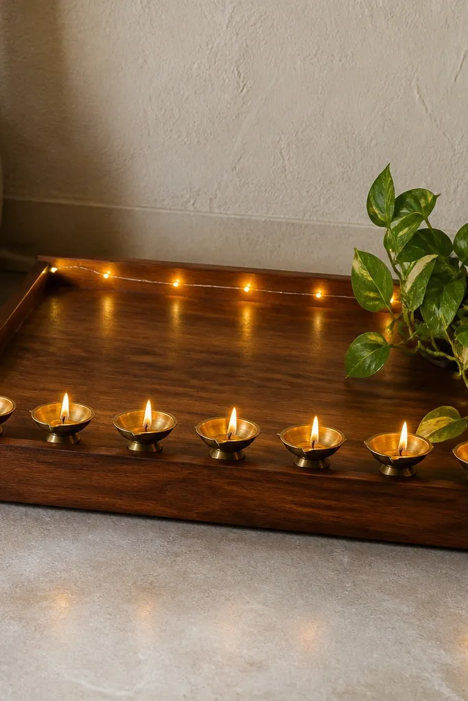 A rectangular wooden tray on a floor, with a straight row of brass diyas along the front edge. Warm white fairy lights run along the back lip of the tray, and a small trailing money plant spills from the back-right corner. A black extension cord is tucked behind the tray so it is not visible.