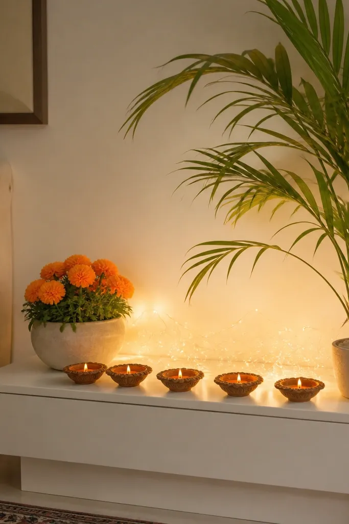 A corner of a living room with a low white side table. On the table are five diyas in a semicircle, warm white lights tucked behind them. Two planters sit on either side: one small round pot with orange marigold blooms on the left, and a taller green areca-like plant on the right, with a few leaves reaching toward the lights.