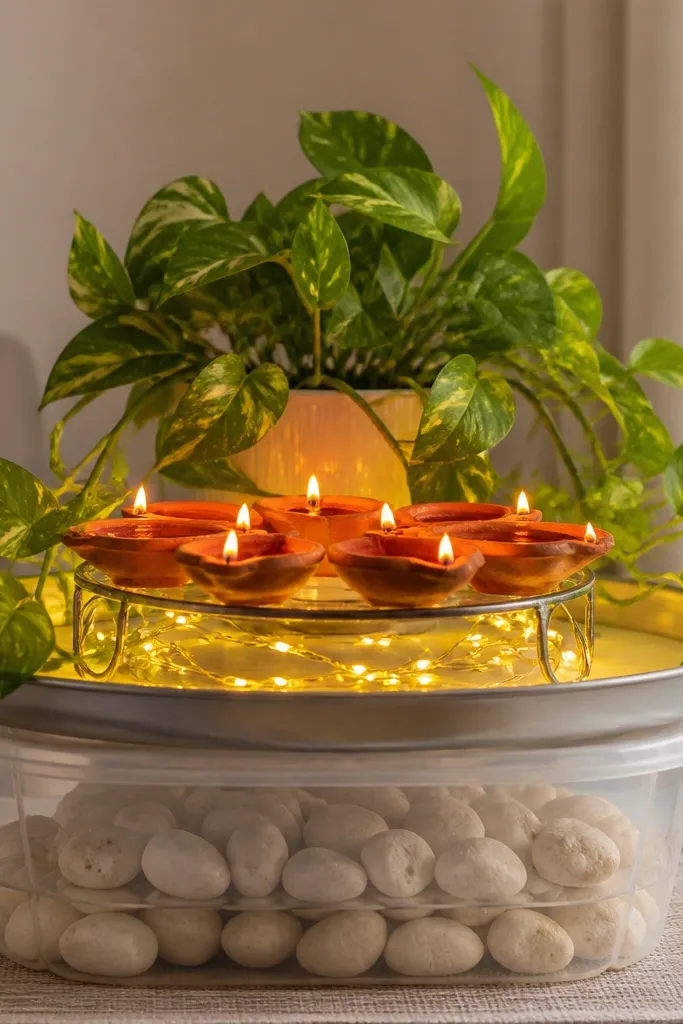 A large clear plastic tub used like a base, with a shallow tray on top. Diyas sit on a small metal stand, and warm white fairy lights wrap around the stand's underside. A pothos plant in a pot is placed behind the stand, with vines draping forward over the rim.