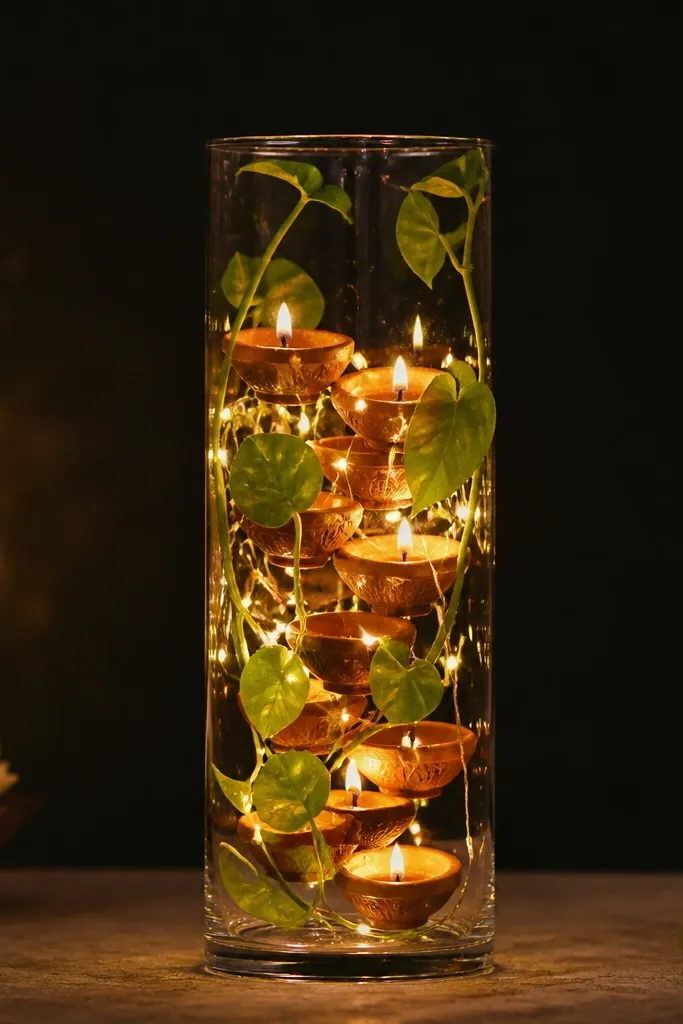 A tall clear glass vase on a table with a cluster of small diyas inside. Warm white lights are hidden behind the vase, and a few green leaves and baby plant cuttings are arranged around the outside. The background is dark, making the warm glow stand out.