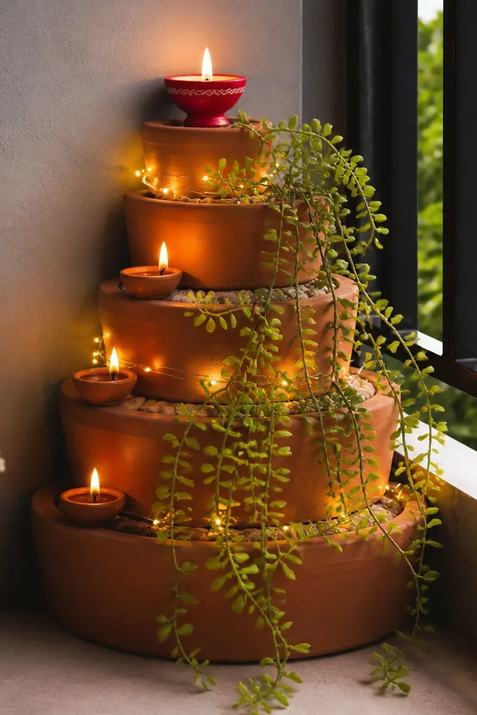 Stacked terracotta planters used like steps on a balcony. Diyas sit on each level, and warm white lights wrap around the step edges. A trailing plant spills down the front, and one red diya holder stands out at the top level.