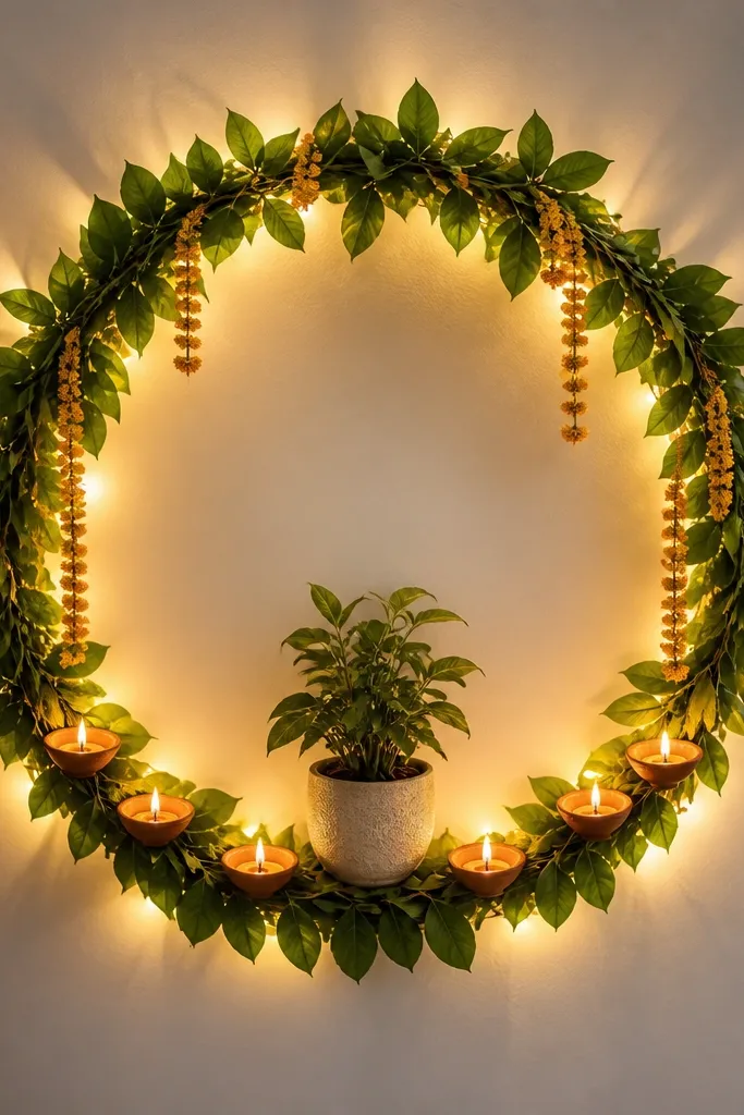 A circular arrangement on a wall or door frame made from green leaves and a few dried marigold strands. Diyas are placed evenly along the lower arc. Warm white fairy lights create a halo behind the foliage, and a small potted plant sits at the bottom center.