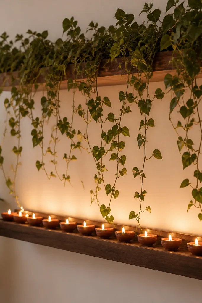 A floating shelf with a long shallow tray. Diyas line the front edge, and warm white lights run along the back edge. A long trailing plant drapes from the shelf above, forming a fringe over the tray.