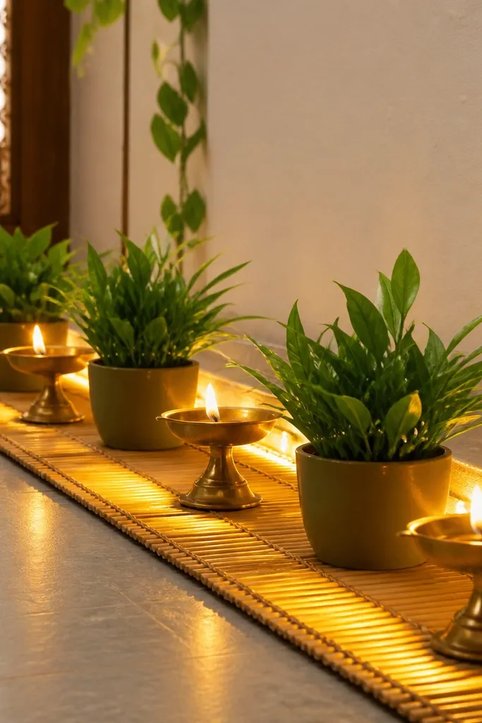 A bamboo mat spread on the floor with a low arrangement. Brass diyas sit in alternating positions with small green potted plants. Warm white lights are woven under the mat edge, glowing upward between the plants.