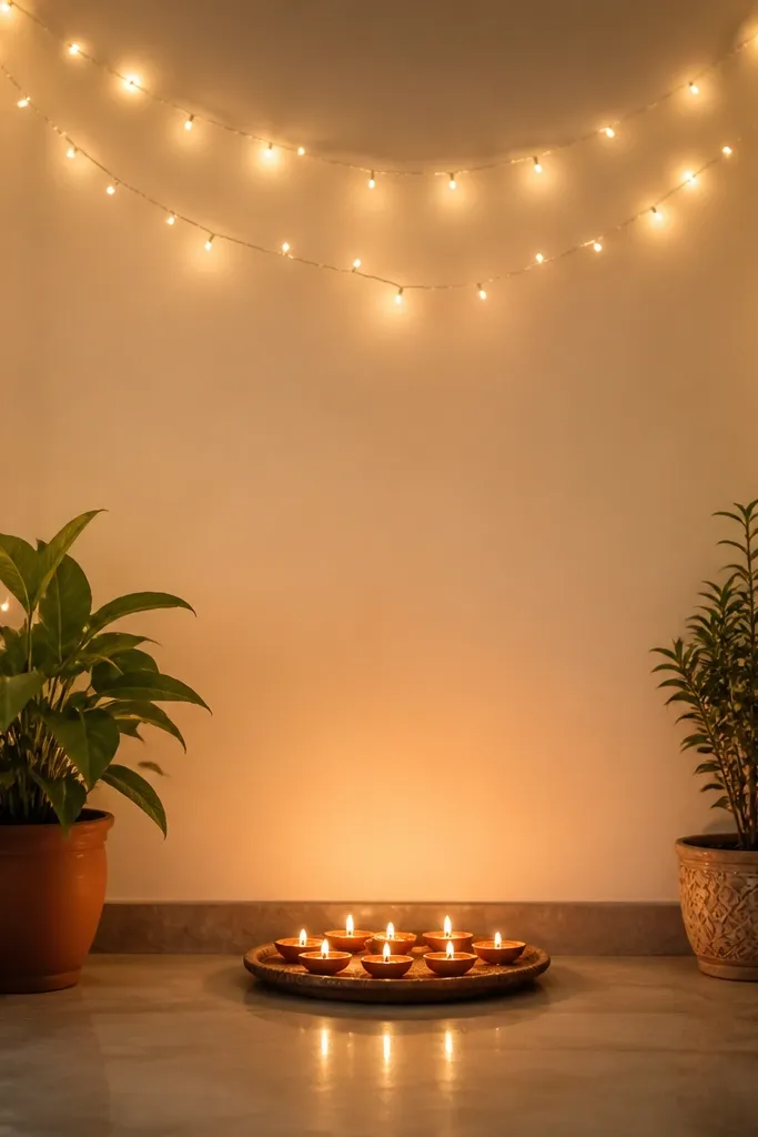 A doorway or corner with string lights stretched across a small frame. Two plant stacks sit on the floor - one potted plant on the left and one on the right. Between them, diyas are arranged low on a small tray, glowing toward the center.
