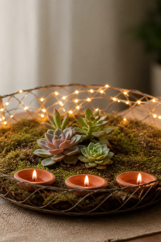 A shallow open wire frame filled with soil and small moss-like greenery. Mini diyas sit near the front edge, and warm white lights are woven along the back frame. A few small succulents sit in the middle.