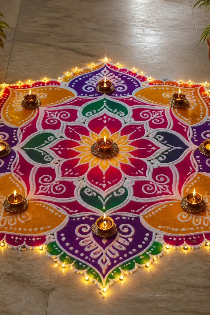 A large rangoli on the floor with colored powder patterns. Along the rangoli perimeter are small warm white lights. Two plant pots sit at opposite corners, and diyas are placed inside the rangoli pattern on small stands.