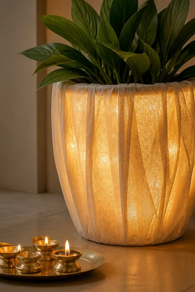 A large ceramic planter with a sleeve or drape around it, styled like a lantern. Warm white lights are wrapped around the inside edge of the planter sleeve. Brass diyas sit on a small plate in front, and a single green plant sits behind.
