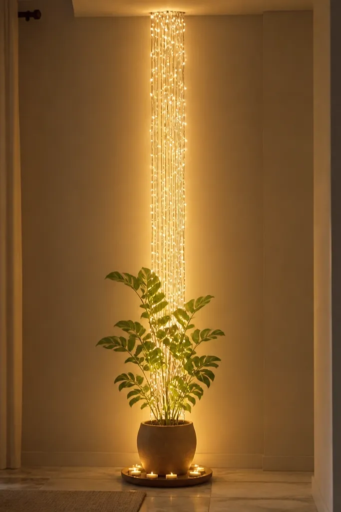 A vertical light column made from warm white string lights from ceiling to floor, with a potted plant at the base. A small tray of diyas sits around the plant base, and the lights glow upward around the leaves.