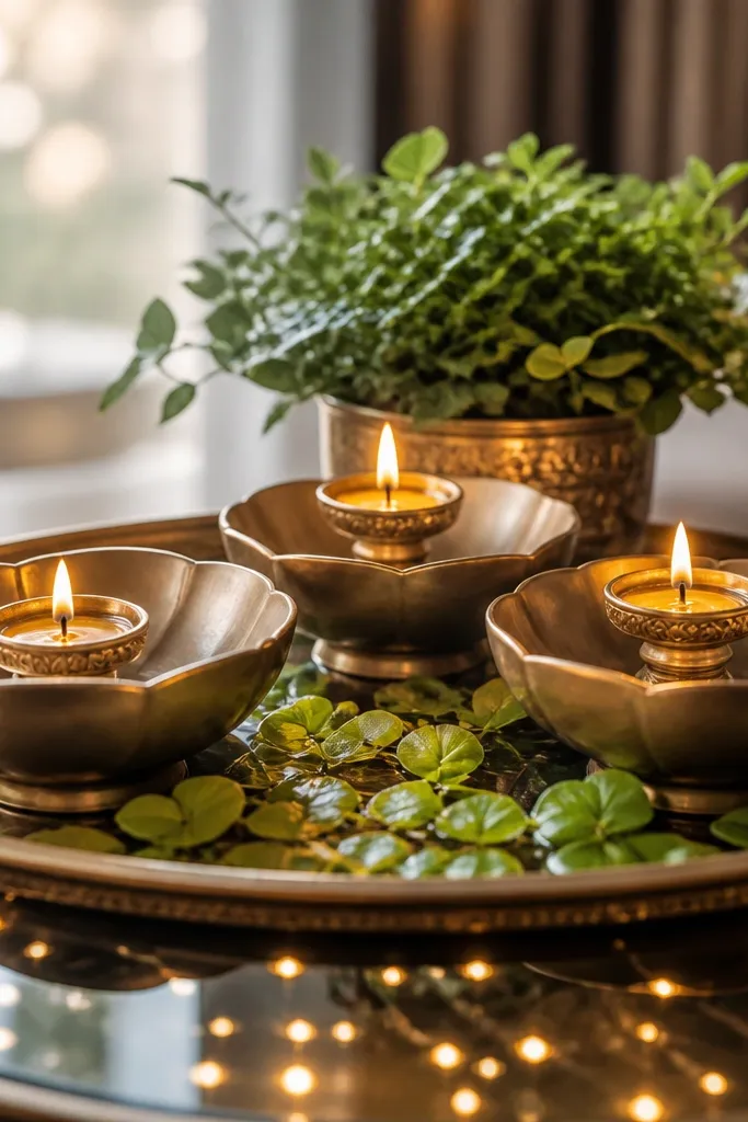 Three shallow bowls on a tray, each bowl holding diyas on small stands. Warm white lights are reflected on the surface of water in a separate tray area. Green leaves float near the bowls, and a small plant sits behind.